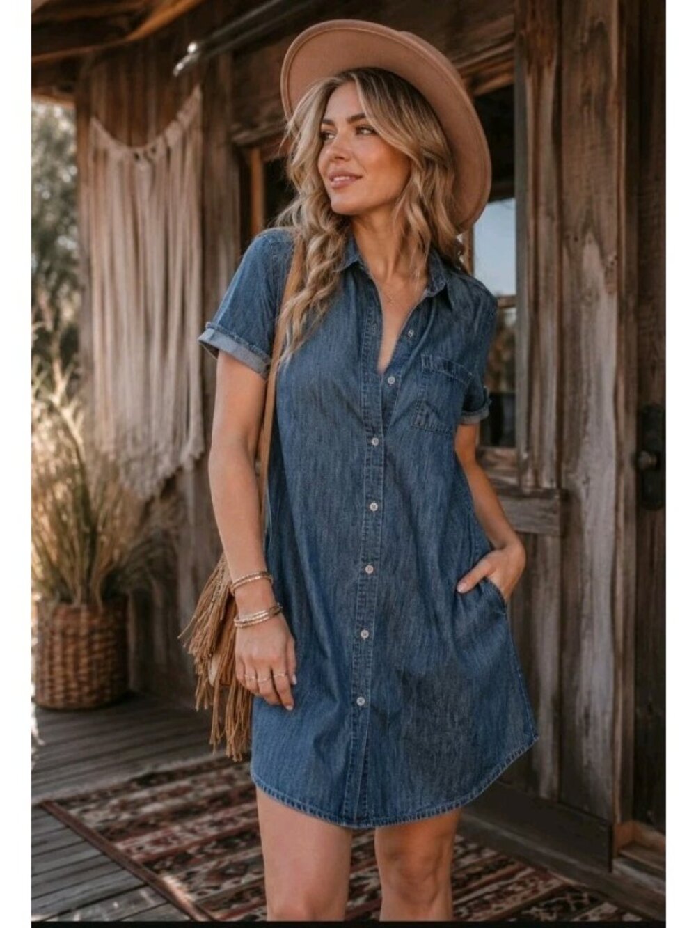 New True Craft Denim Shirt Dress Chambray Western Fringe Short Sleeve Size M